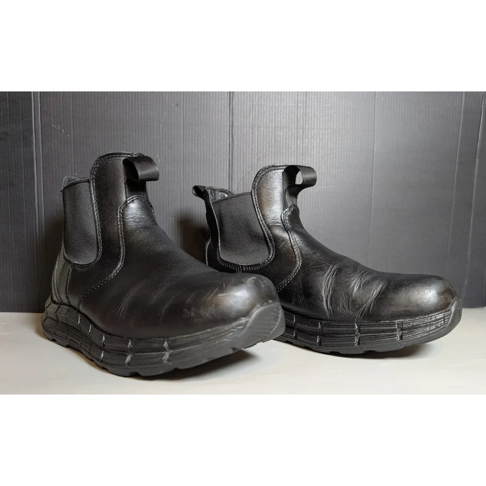 HAWX Mens Chelsea Work Boots Black Leather Slip Resistant Soft Toe 8.5D